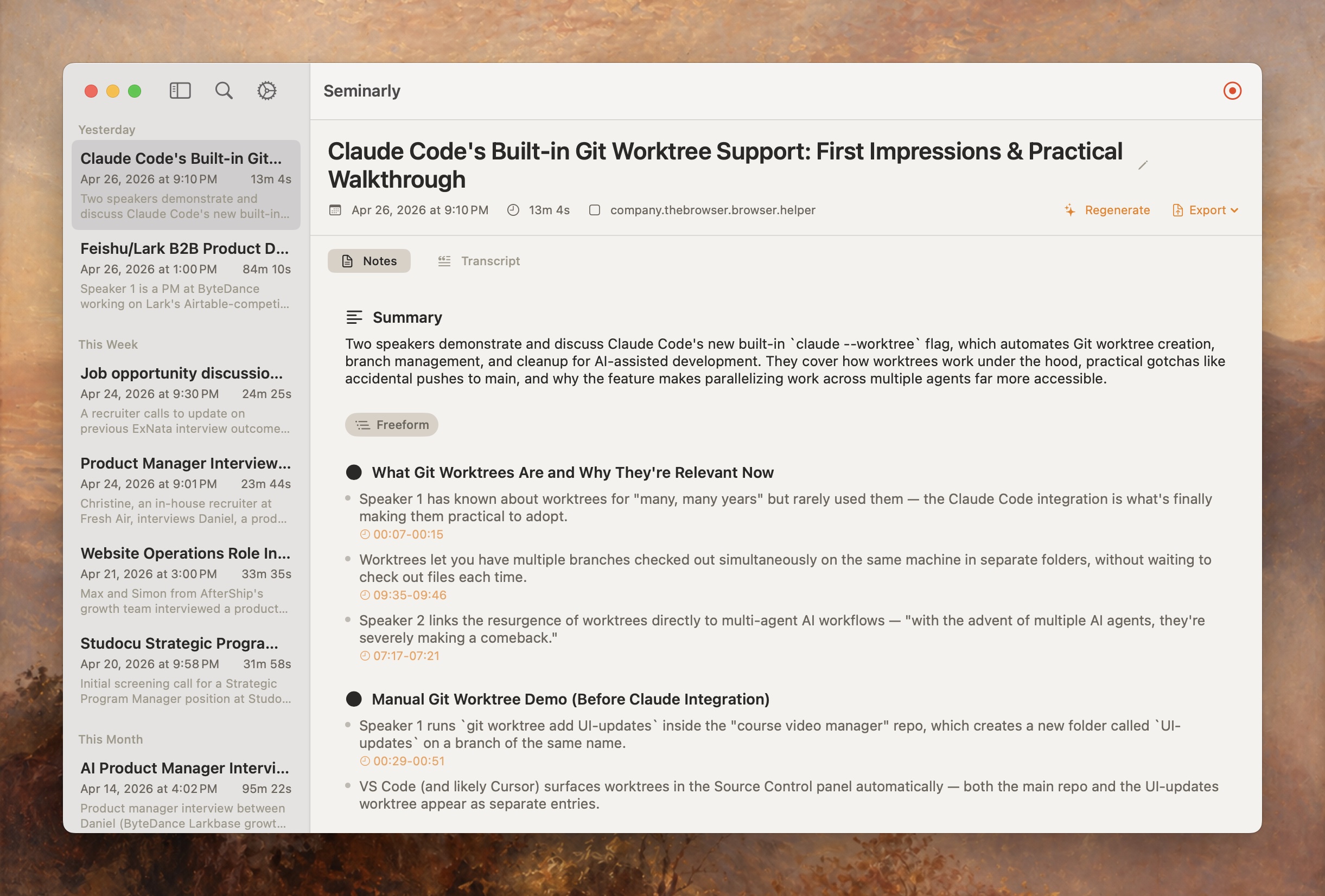 Seminarly app showing structured notes generated from a recorded lecture